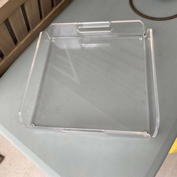 Vintage Acrylic Clear Serving Tray Square Handled Ottoman Style 12" - Picture 7 of 7